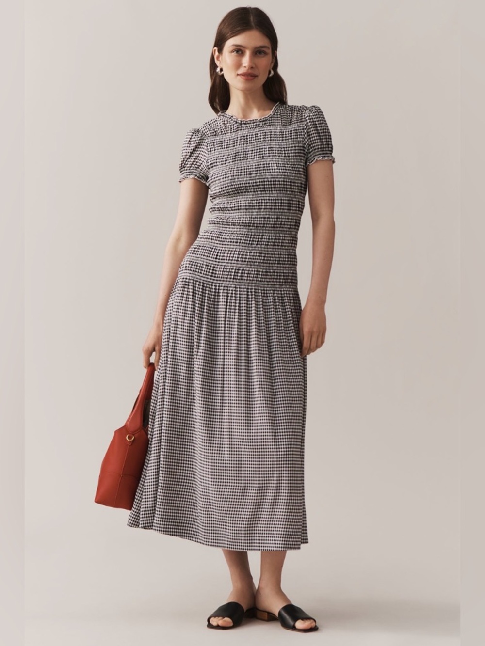 Reformation Kira Gingham Smocked Midi Dress in Black and White SIZE 2 NWOT